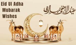 Eid Ul Adha Mubarak wishes with an Islamic crescent, mosque, lanterns, and heartfelt greetings for family and friends.